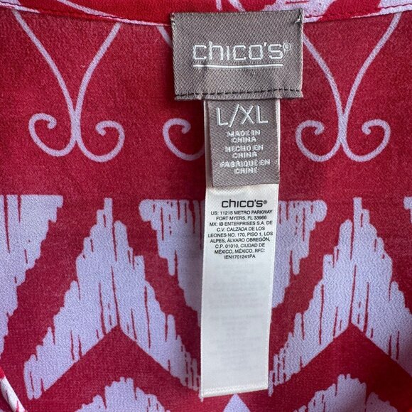 Chico's Red/White Floral Geo V-Neck Cover Up Sheer Blouse Size L/XL. - Picture 4 of 7